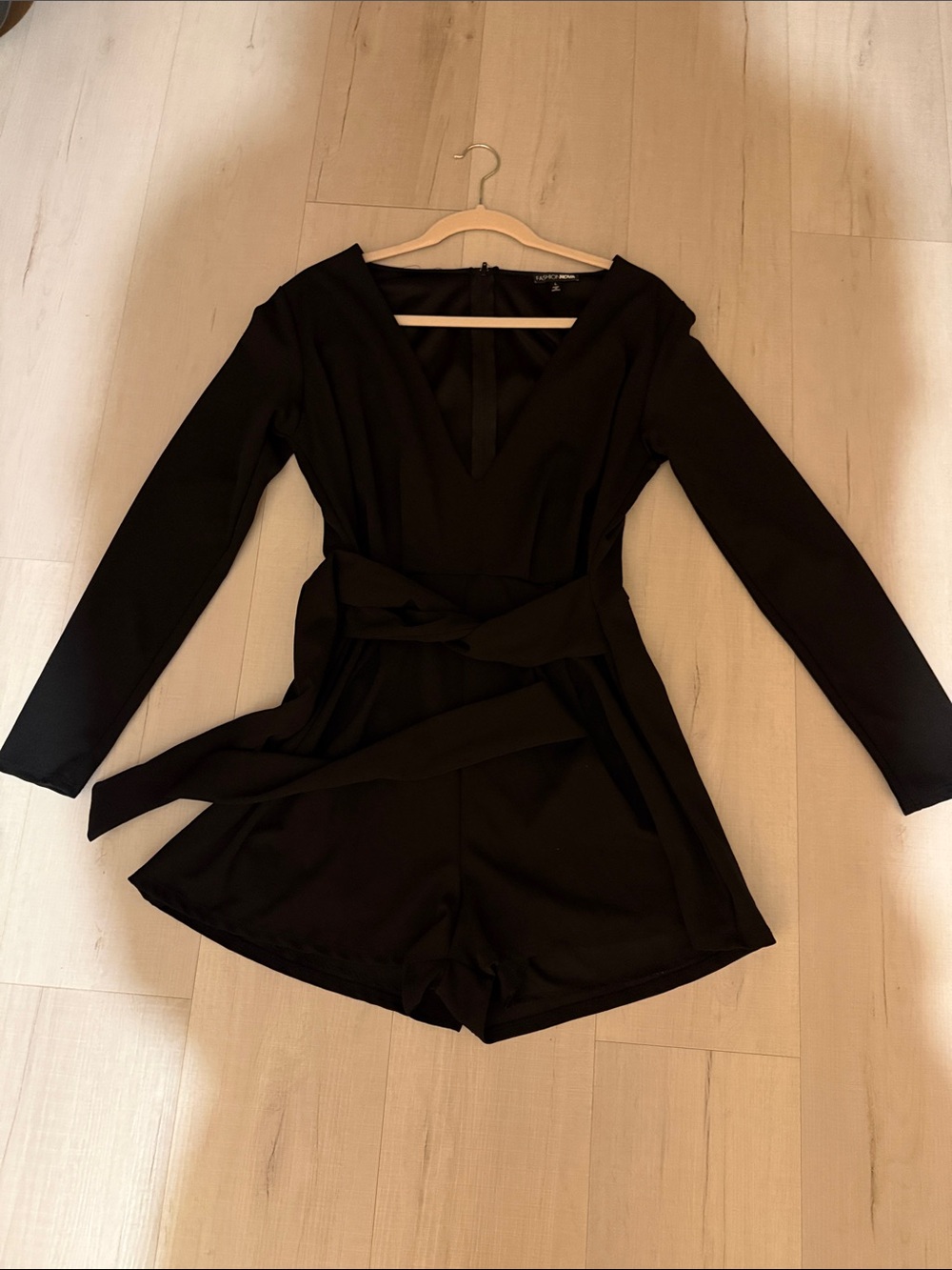 Fashion Nova Black Long-Sleeve V-Neck Romper with Waist Tie
